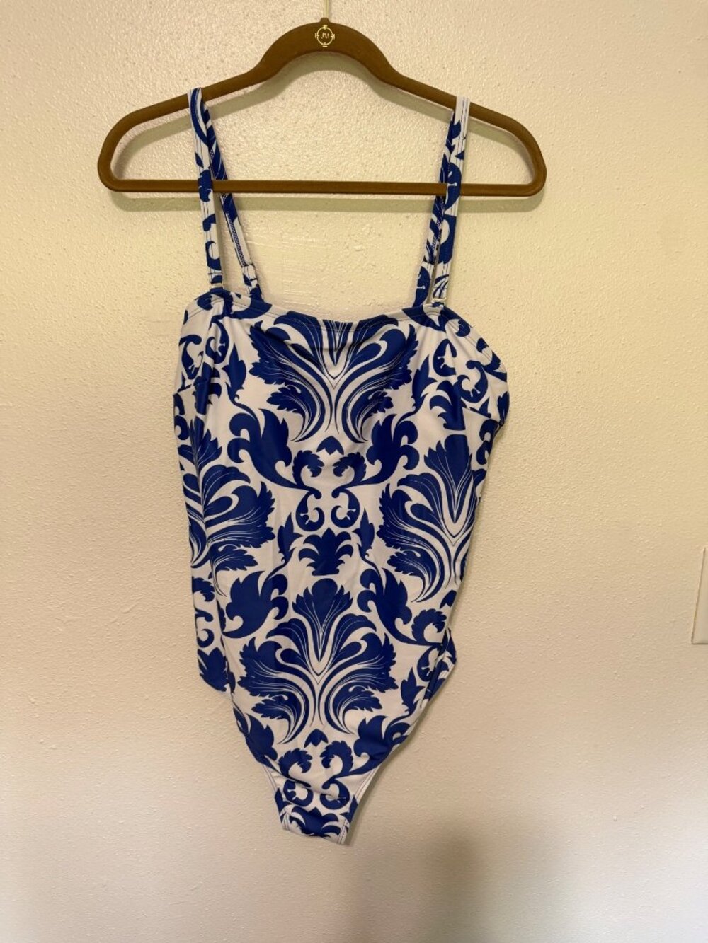 Modlily Swimsuit with Skirt White blue Scroll Pattern See measurements 2X